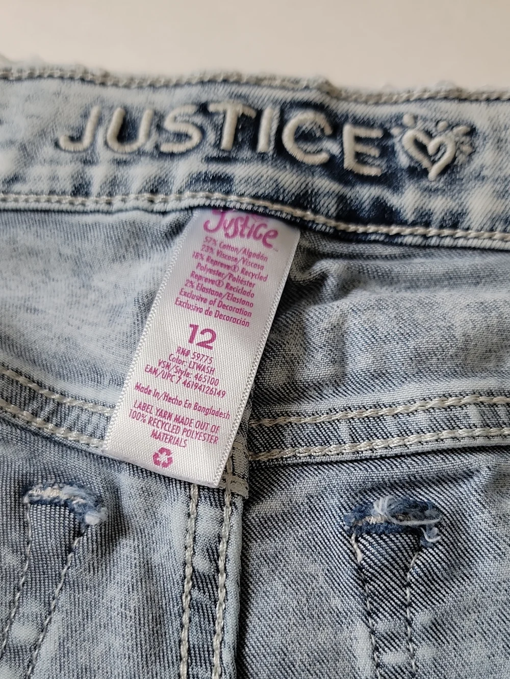 Justice Girls Light Wash Blue Denim Jeans Embroidered Logo Distressed Size 12